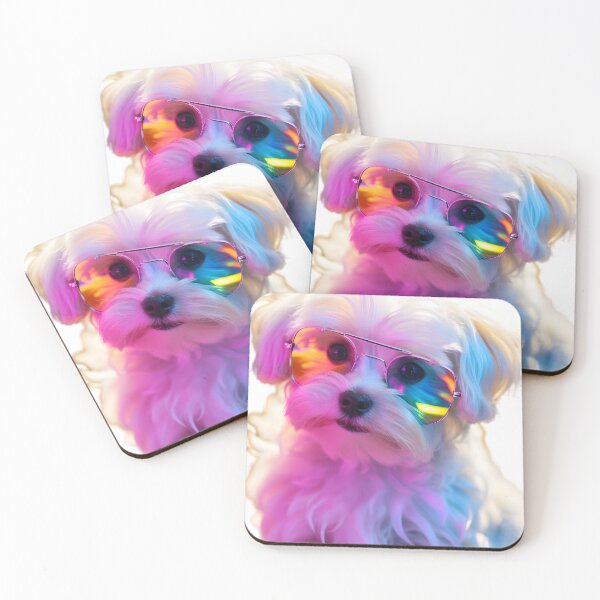 Item preview, A cute and playful Maltese puppy wearing a rainbow colored pair of glasses in the style of celebrity and pop culture designed and sold by AI-Only Creations.