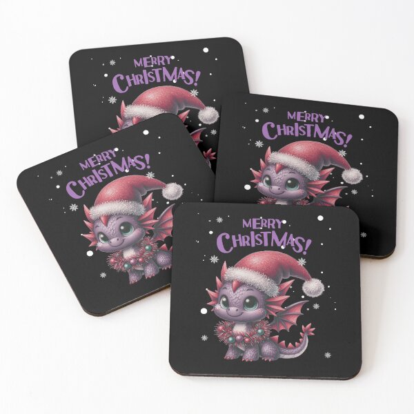 Item preview,  Cute  Violet   Dragon stegaysaurus in a Santa hat  with Horns  on a black background -Christmas animals Theme designed and sold by mndesignworx.