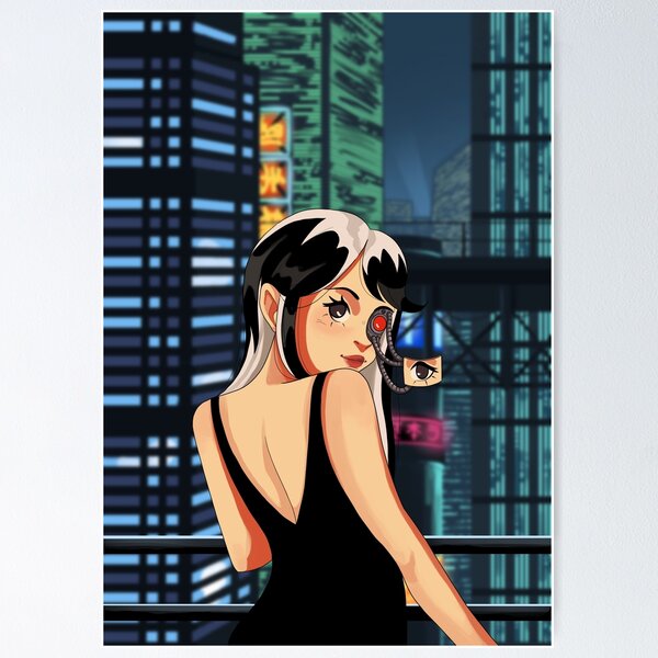 Y2k aesthetic fashion waifu with black hair in neon neo tokyo baby blue