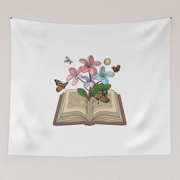 Item preview, Flowers Growing From Book | Purple, blue and pink Plumeria flowers with small monarch butterflies and planets designed and sold by CircinusStore.