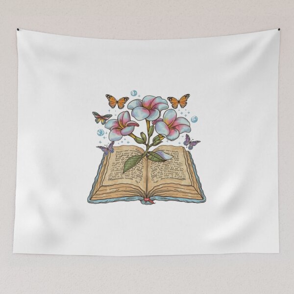 Item preview, Flowers Growing From Book | Blue with pink details Plumeria flowers with small monarch butterflies and planets designed and sold by CircinusStore.