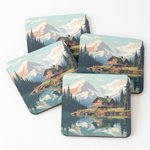 Item preview, Graphic style log house in the mountains with pine forests and a mountain lake designed and sold by CiniAi.