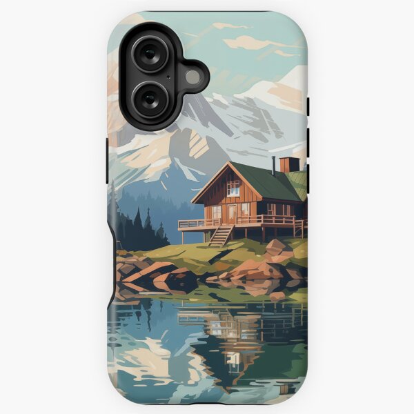 Item preview, Graphic style log house in the mountains with pine forests and a mountain lake designed and sold by CiniAi.