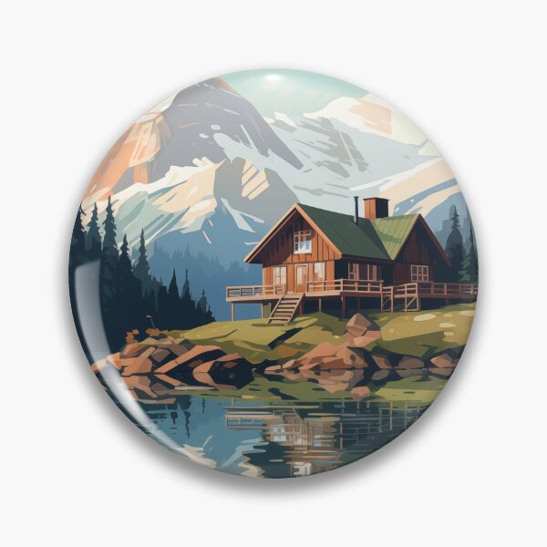 Item preview, Graphic style log house in the mountains with pine forests and a mountain lake designed and sold by CiniAi.