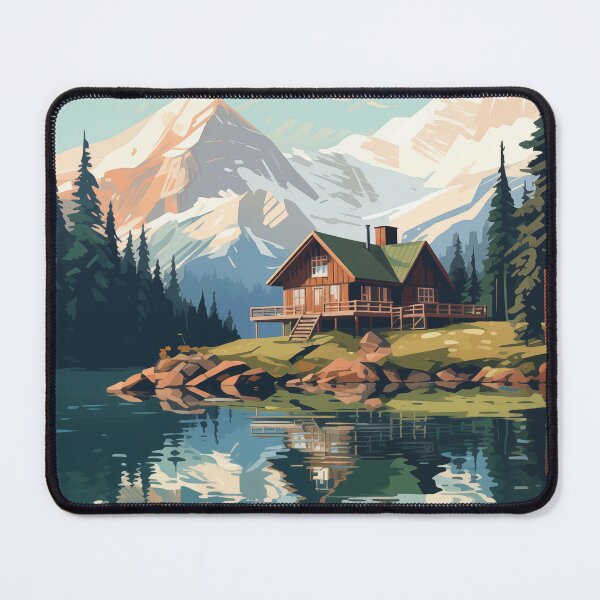 Item preview, Graphic style log house in the mountains with pine forests and a mountain lake designed and sold by CiniAi.