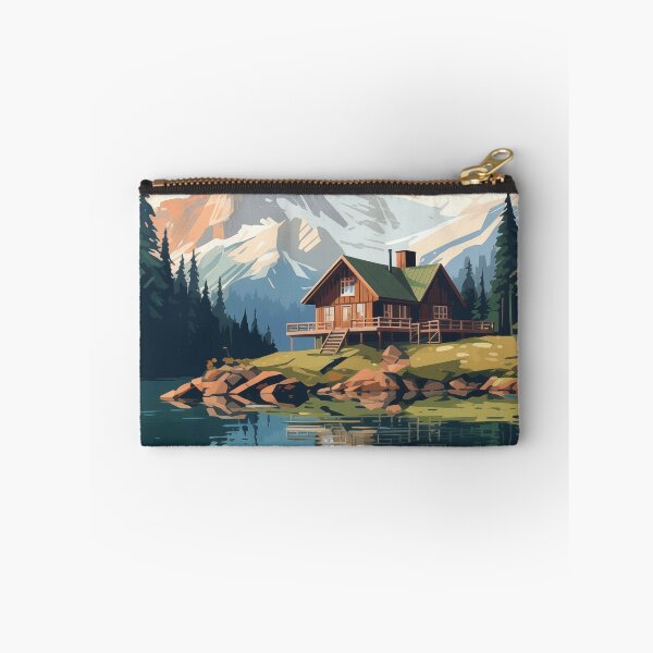 Item preview, Graphic style log house in the mountains with pine forests and a mountain lake designed and sold by CiniAi.