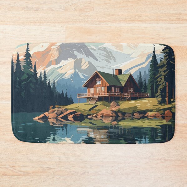 Item preview, Graphic style log house in the mountains with pine forests and a mountain lake designed and sold by CiniAi.