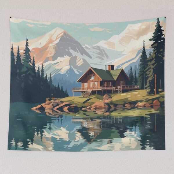 Item preview, Graphic style log house in the mountains with pine forests and a mountain lake designed and sold by CiniAi.