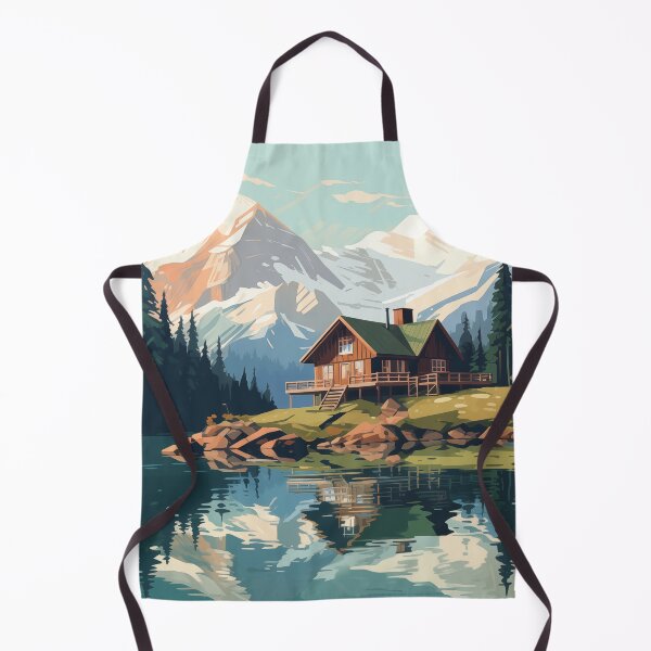 Item preview, Graphic style log house in the mountains with pine forests and a mountain lake designed and sold by CiniAi.