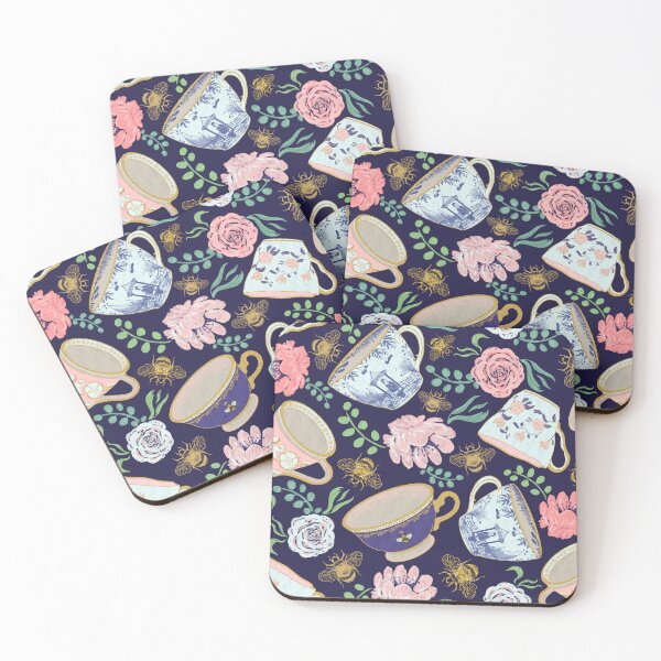 Item preview, Regency Era Whimsical Tea Cups & Watercolor Flowers Pattern - Navy designed and sold by EcoElsa.