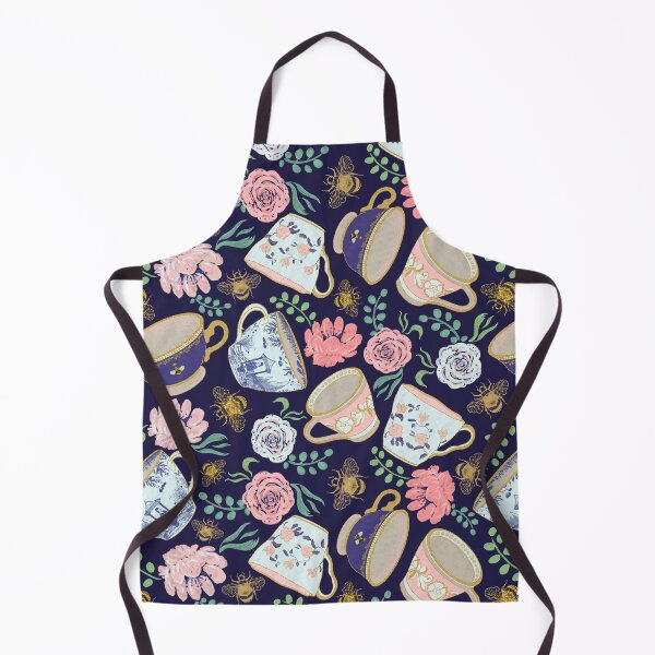 Item preview, Regency Era Whimsical Tea Cups & Watercolor Flowers Pattern - Navy designed and sold by EcoElsa.
