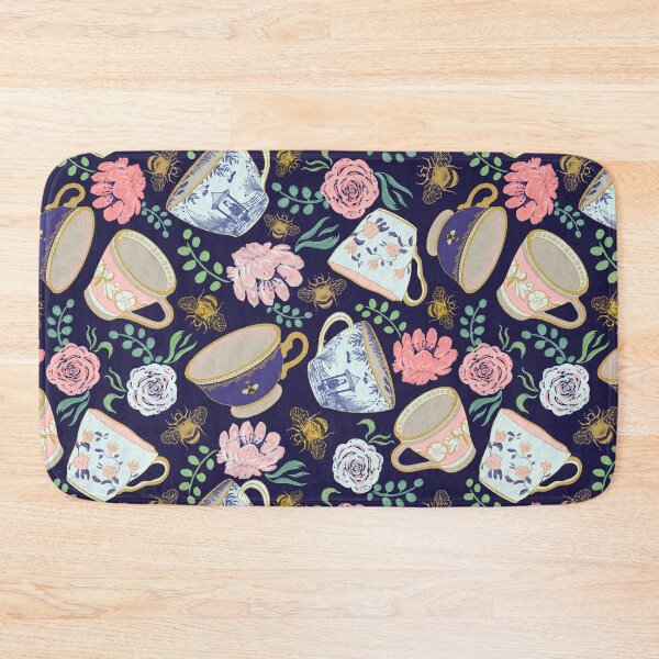 Item preview, Regency Era Whimsical Tea Cups & Watercolor Flowers Pattern - Navy designed and sold by EcoElsa.