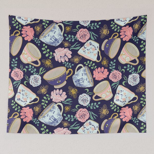 Item preview, Regency Era Whimsical Tea Cups & Watercolor Flowers Pattern - Navy designed and sold by EcoElsa.