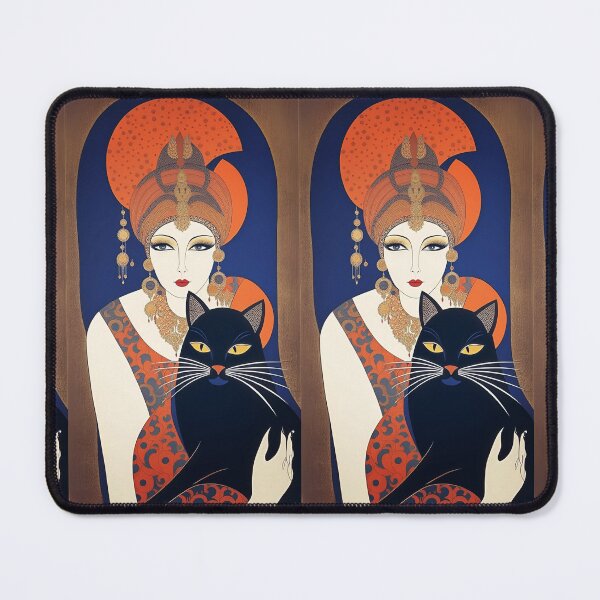 Item preview, Elegant Parisian with black cat and orange turban, art deco style designed and sold by Creativesphotos.