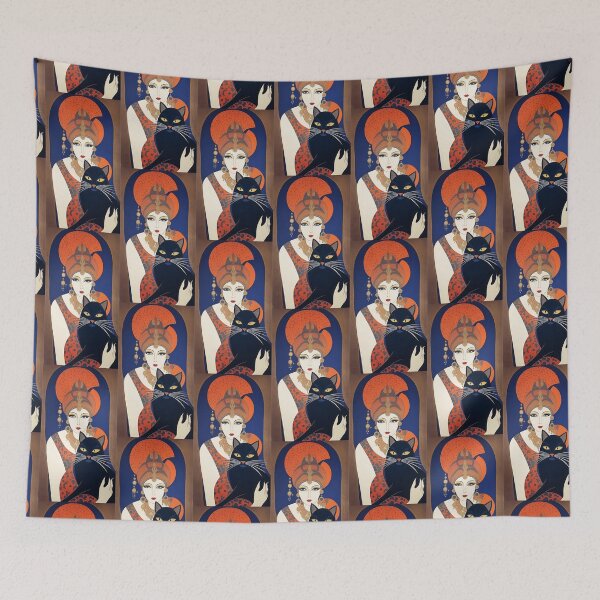 Item preview, Elegant Parisian with black cat and orange turban, art deco style designed and sold by Creativesphotos.