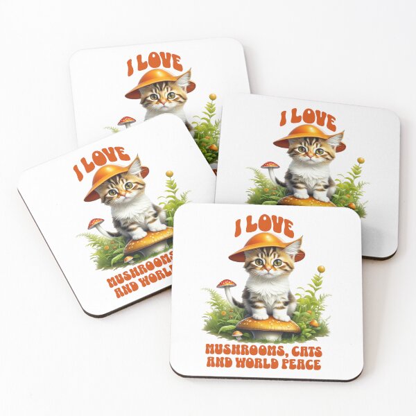Item preview, I Love Mushrooms, Cats and World Peace Photo Realistic Design, Kitten and Fungi Lover Birthday Gift designed and sold by CORINNE W.