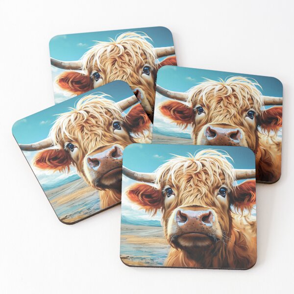 Item preview, Highland cow with horns on blue sky background.  designed and sold by MagicColorPrint.