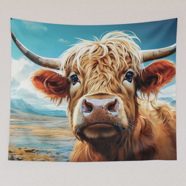 Item preview, Highland cow with horns on blue sky background.  designed and sold by MagicColorPrint.