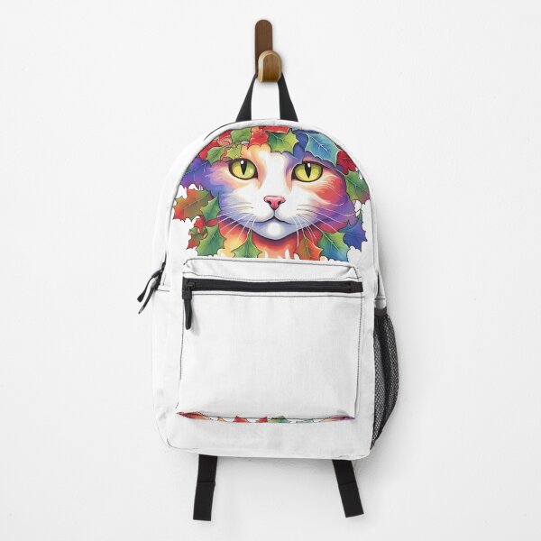 Item preview, Festive Cat with Rainbow Painted Holly Leaves designed and sold by Shelley Loewnau-Jones Studio.