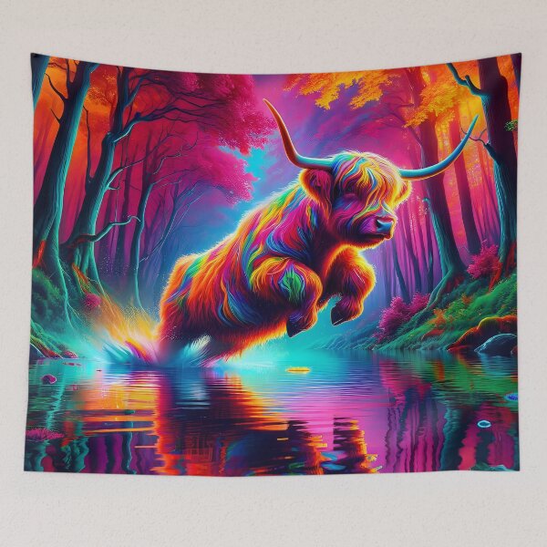 Item preview, Psychedelic Scottish Highland Bull Luminous Leap designed and sold by Matt's Artificial Nature.