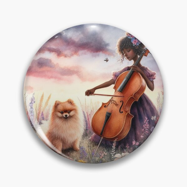 Artikelvorschau, Junge Frau spielt Cello mit Zwergspitz auf einer Blumenwiese mit rotem Himmel (#1/4) entworfen und verkauft von ElegantTeaTime.