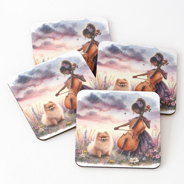Item preview, Young Woman Playing Cello with Pomeranian Dog in a Flowery Meadow with Red Sky (#1/4) designed and sold by ElegantTeaTime.