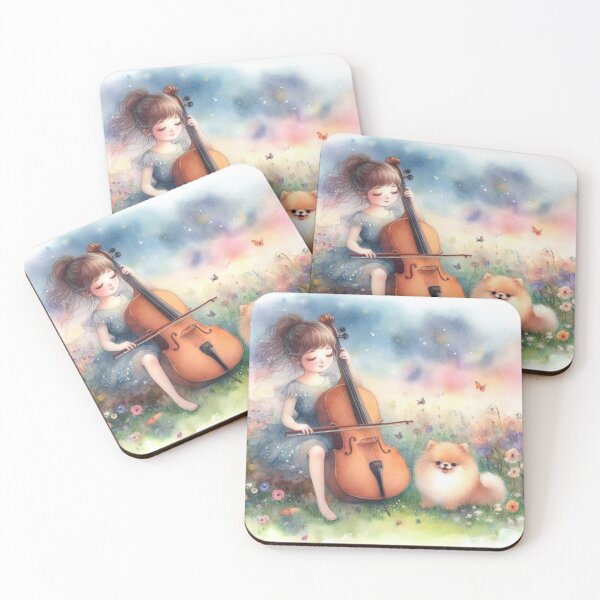 Item preview, Girl Playing Cello with Pomeranian Dog in a Sparkly Flowery Meadow with Butterflies (#2/4) designed and sold by ElegantTeaTime.