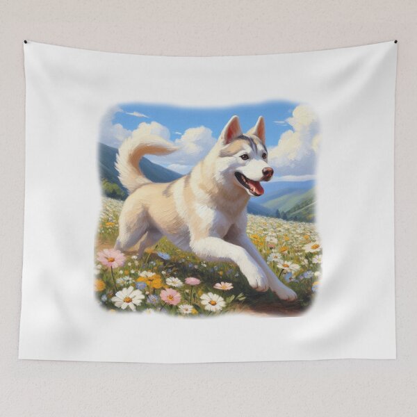 Item preview, Beige Husky Running Through a Meadow of Flowers designed and sold by Kim Arnott.