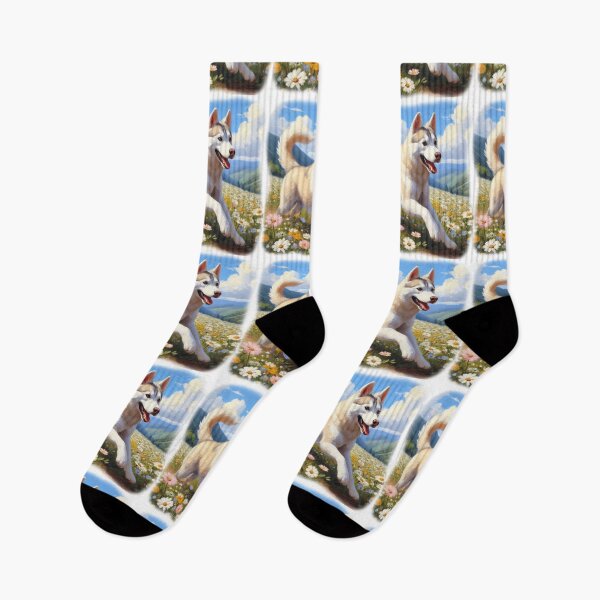 Item preview, Beige Husky Running Through a Meadow of Flowers designed and sold by Kim Arnott.