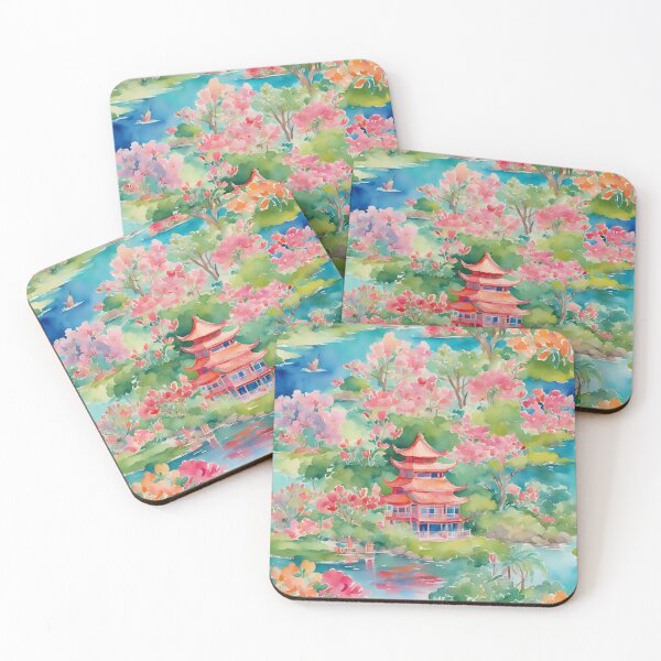 Item preview, Pagoda chinoiserie landscape watercolor painting designed and sold by SophieClimaArt.