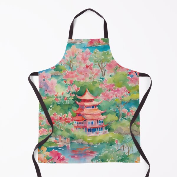 Item preview, Pagoda chinoiserie landscape watercolor painting designed and sold by SophieClimaArt.