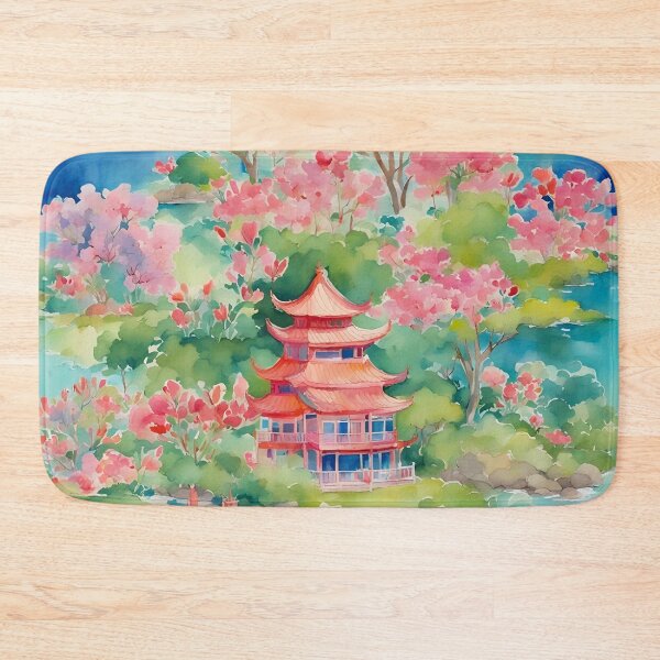 Item preview, Pagoda chinoiserie landscape watercolor painting designed and sold by SophieClimaArt.
