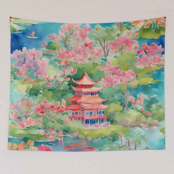 Item preview, Pagoda chinoiserie landscape watercolor painting designed and sold by SophieClimaArt.