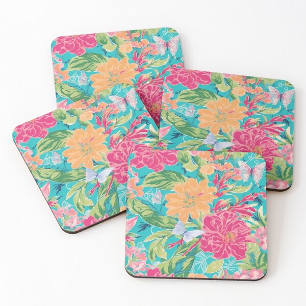 Item preview, Preppy flowers and butterflies on turquoise designed and sold by SophieClimaArt.