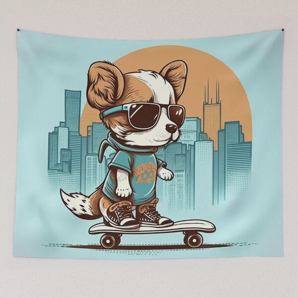 Item preview, Skateboarding Dog with Sunglasses in City Street Art designed and sold by PaintbrushPlace.