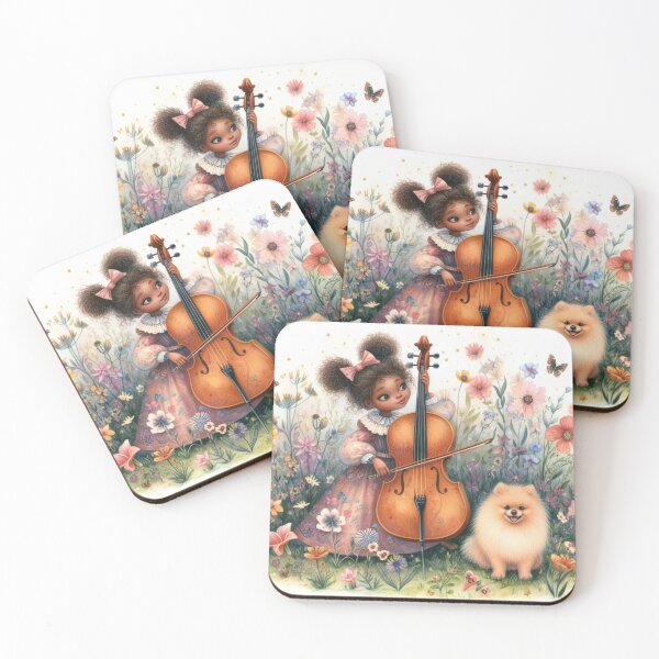 Item preview, Girl in Long Dress Playing Cello with Pomeranian Dog in a Flowery Meadow with Butterflies (#3/4).  designed and sold by ElegantTeaTime.