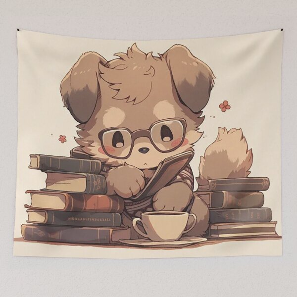 Item preview, Bookworm Puppy with Glasses and Tea Illustration designed and sold by PaintbrushPlace.