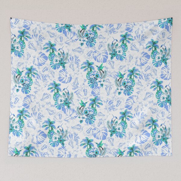Item preview, Humingbird, Floral, Hibiscus ,Tropical ,birds ,botanical ,forest ,summer, flowers, island ,Aloha, cocktails ,pineapple, toile de jouy, blue and white ,Hawaii ,wallpaper designed and sold by letsgow8th.