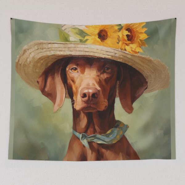 Item preview, Hungarian Vizsla Dog Lady with sunflowers and hat designed and sold by WallyPink.