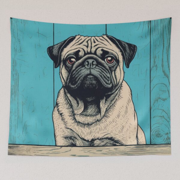 Item preview, Cute pug in front of a blue wall designed and sold by WallGemsArt.