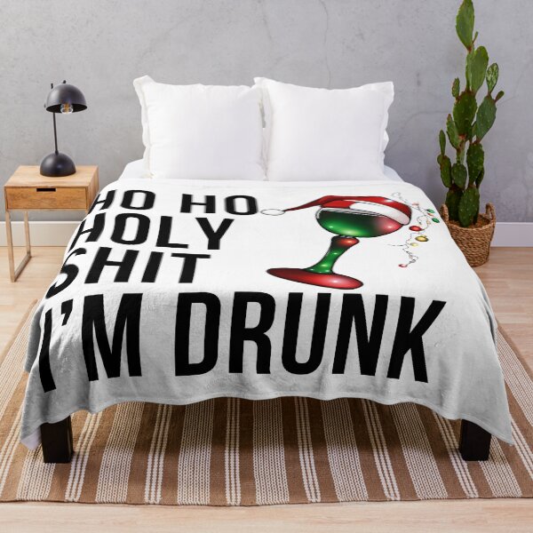 Item preview, Christmas Humor. Rude, Offensive, Inappropriate Christmas Design. Ho Ho Holy Shit I'm Drunk. Black Writing with Christmas Lights Wine Glass and Santa Hat designed and sold by That Cheeky Tee.