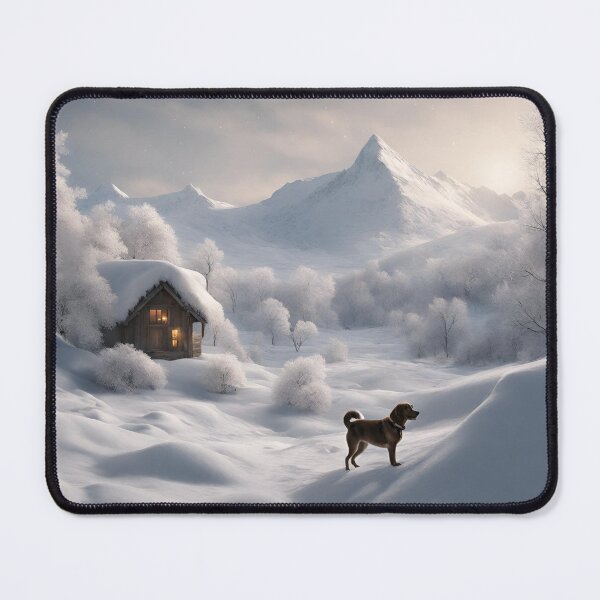 Item preview, "Solitude in Winter: Wooden Home and Lone Pup", winter, gfts, funny, dog, friends, designed and sold by Ewelina Niemiec.
