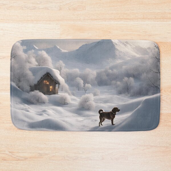Item preview,  "Solitude in Winter: Wooden Home and Lone Pup", winter, gfts, funny, dog, friends,  designed and sold by Ewelina  Niemiec.