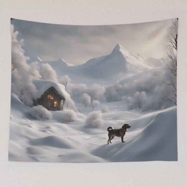 Item preview,  "Solitude in Winter: Wooden Home and Lone Pup", winter, gfts, funny, dog, friends,  designed and sold by Ewelina  Niemiec.