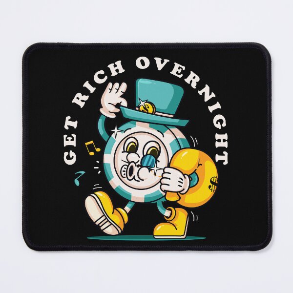 Item preview, Get rich overnight, poker chip coin mascot character with a hat carrying a bag of money designed and sold by Kevyn Adha.
