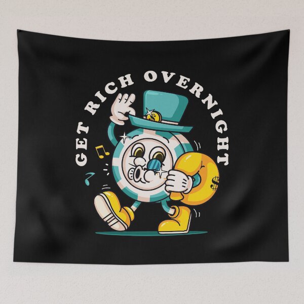 Item preview, Get rich overnight, poker chip coin mascot character with a hat carrying a bag of money designed and sold by Kevyn Adha.