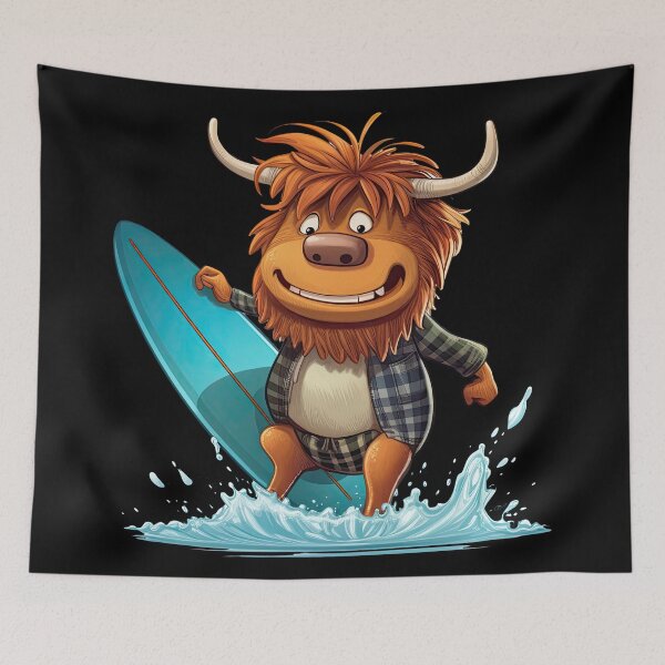 Item preview, Surfing Highland Cow - Cute but tense facial expression designed and sold by WallGemsArt.