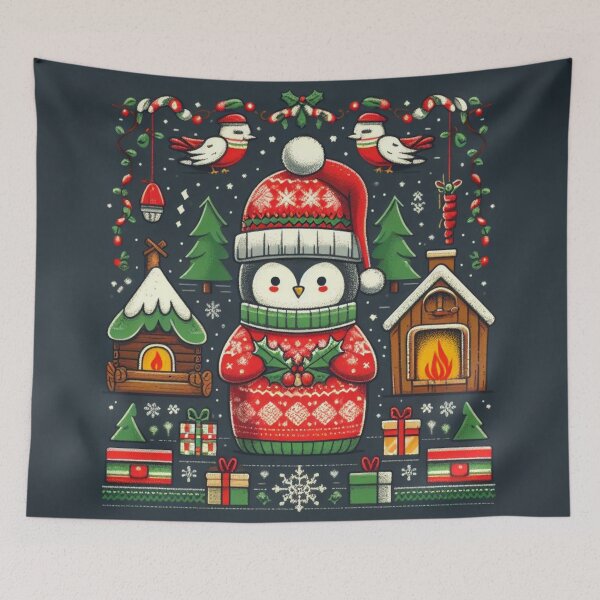 Item preview, Penguin Santa Christmas holly pattern designed and sold by Booksshack.