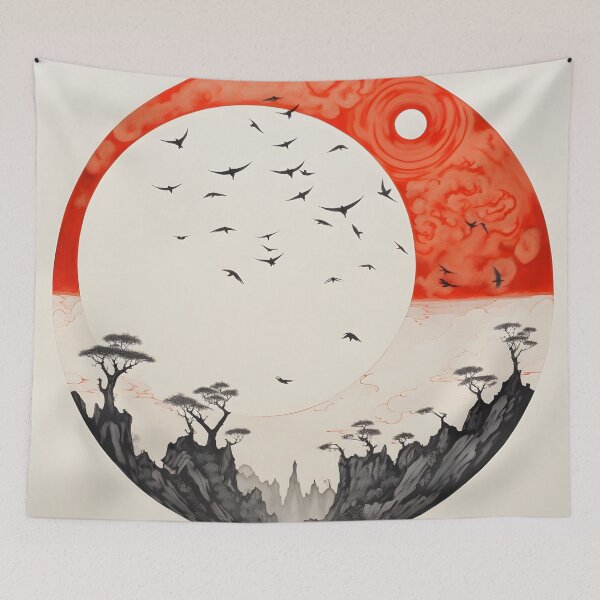 Item preview, minimalist red sun art print, birds designed and sold by dcrc.