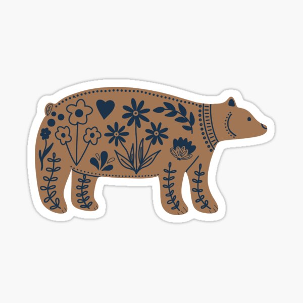 Item preview, Scandinavian Brown Bear with Floral Folk Art Details designed and sold by theprintwitch.
